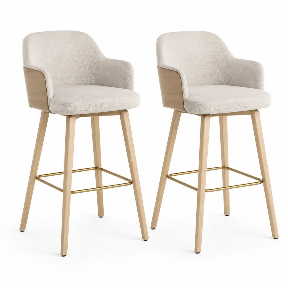 Lot de 2 tabourets de bar en tissu beige avec accoudoirs, pieds en bois massif et repose-pieds en métal doré, 54 × 55 × 96 cm