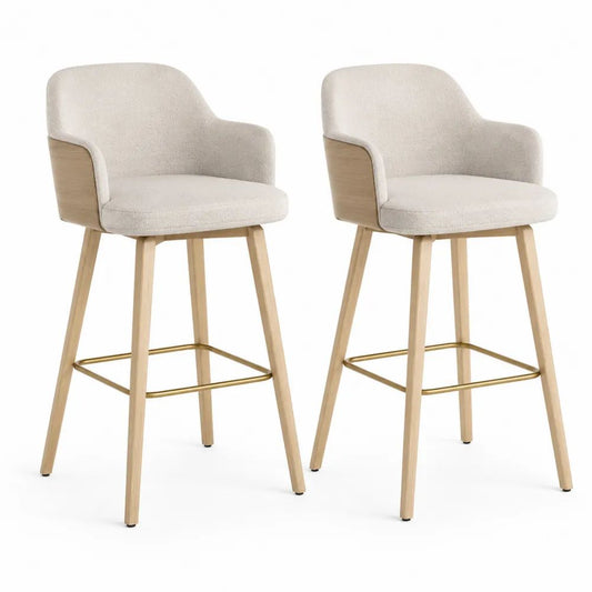 Lot de 2 tabourets de bar en tissu beige avec accoudoirs, pieds en bois massif et repose-pieds en métal doré, 54 × 55 × 96 cm