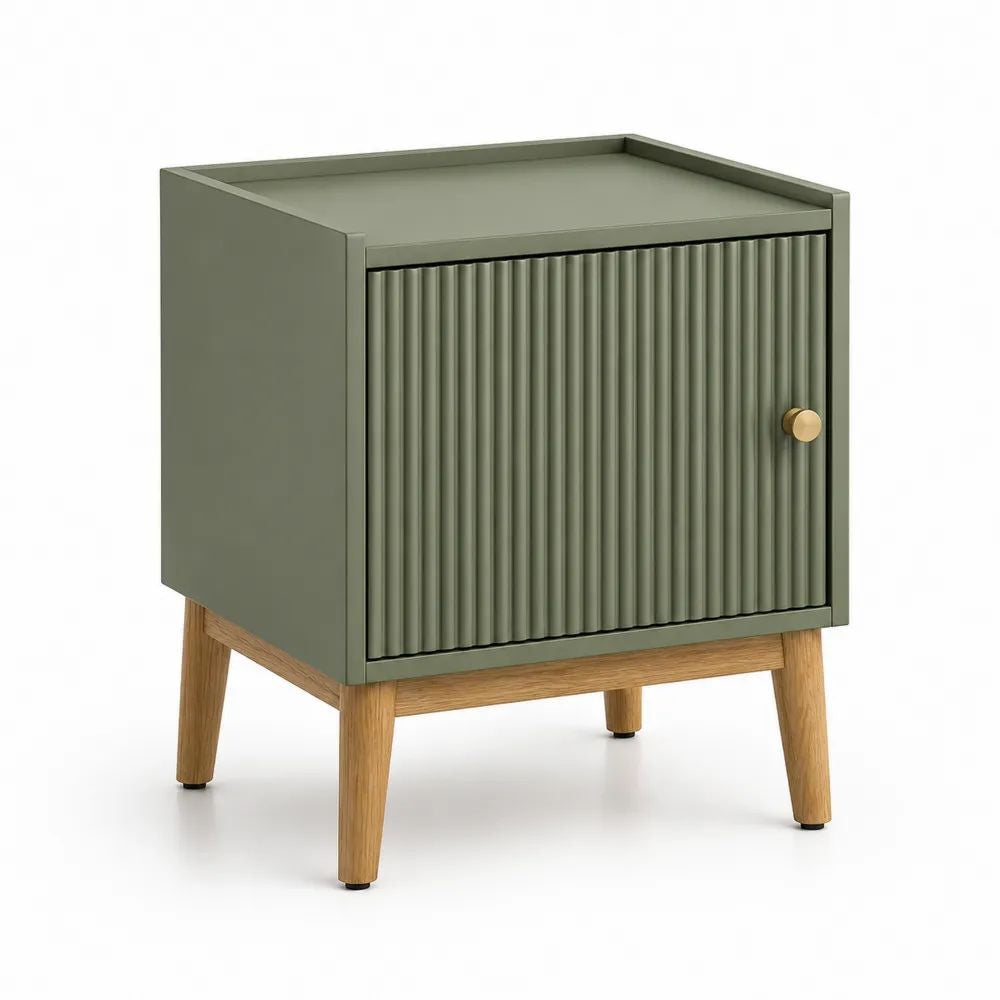 Table de chevet rectangulaire en bois avec porte rainurée, vert sauge et bois naturel, 45 × 35 × 55 cm