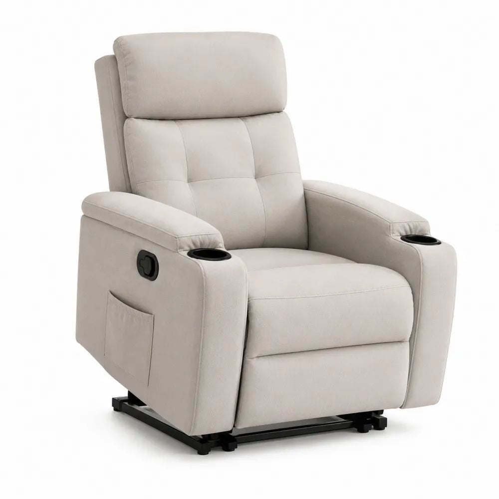 Fauteuil relax manuel 1 place en tissu beige avec dossier haut et 2 porte-gobelets, 92 × 96 × 105 cm