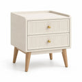 Table de chevet rectangulaire à 2 tiroirs en MDF et hévéa massif, beige, bois naturel et doré, 45 × 40 × 55 cm