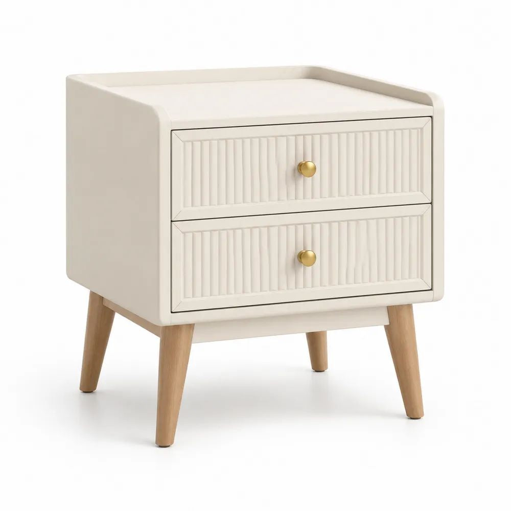 Table de chevet rectangulaire à 2 tiroirs en MDF et hévéa massif, beige, bois naturel et doré, 45 × 40 × 55 cm
