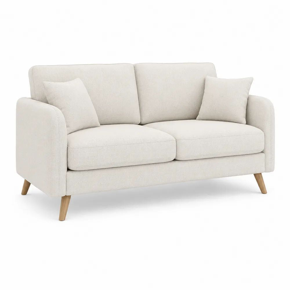 Canapé droit 2 places en polyester bouclé ivoire avec pieds en pin massif, 164 x 86 x 85 cm