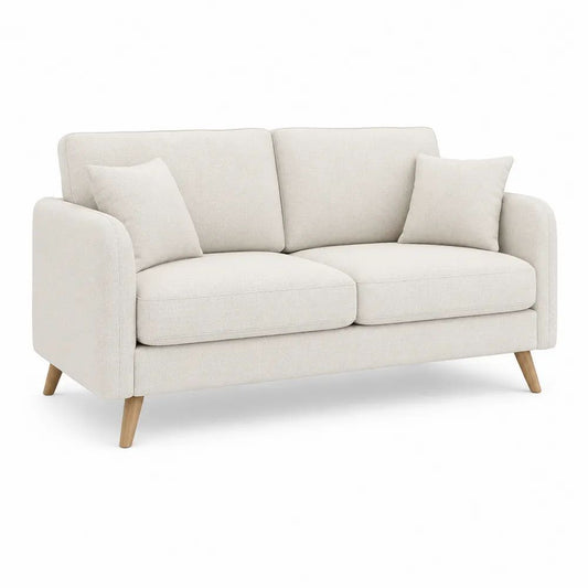 Canapé droit 2 places en polyester bouclé ivoire avec pieds en pin massif, 164 x 86 x 85 cm