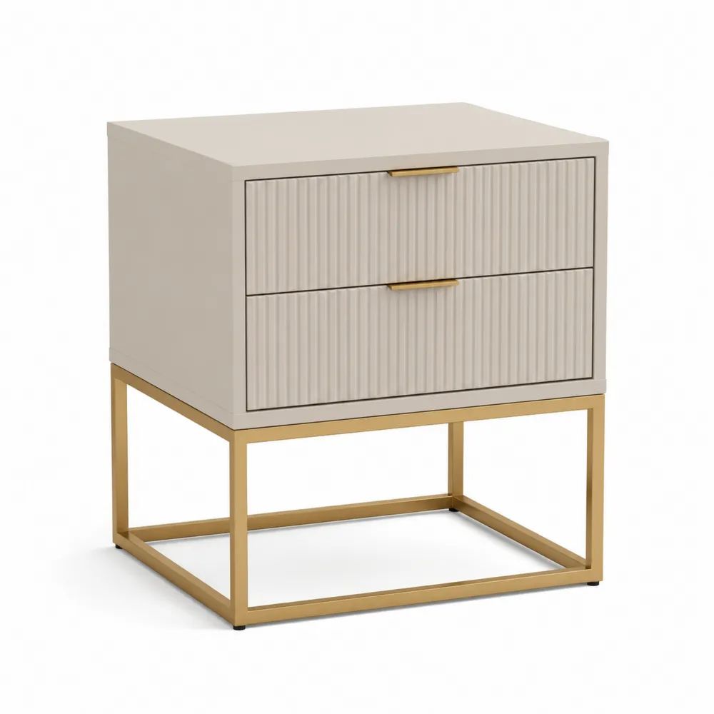 Table de chevet rectangulaire à 2 tiroirs en bois et métal, beige et doré, 50 × 40 × 60 cm
