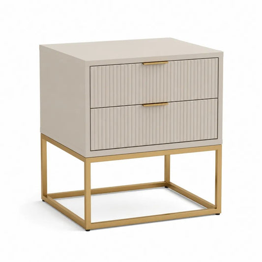 Table de chevet rectangulaire à 2 tiroirs en bois et métal, beige et doré, 50 × 40 × 60 cm
