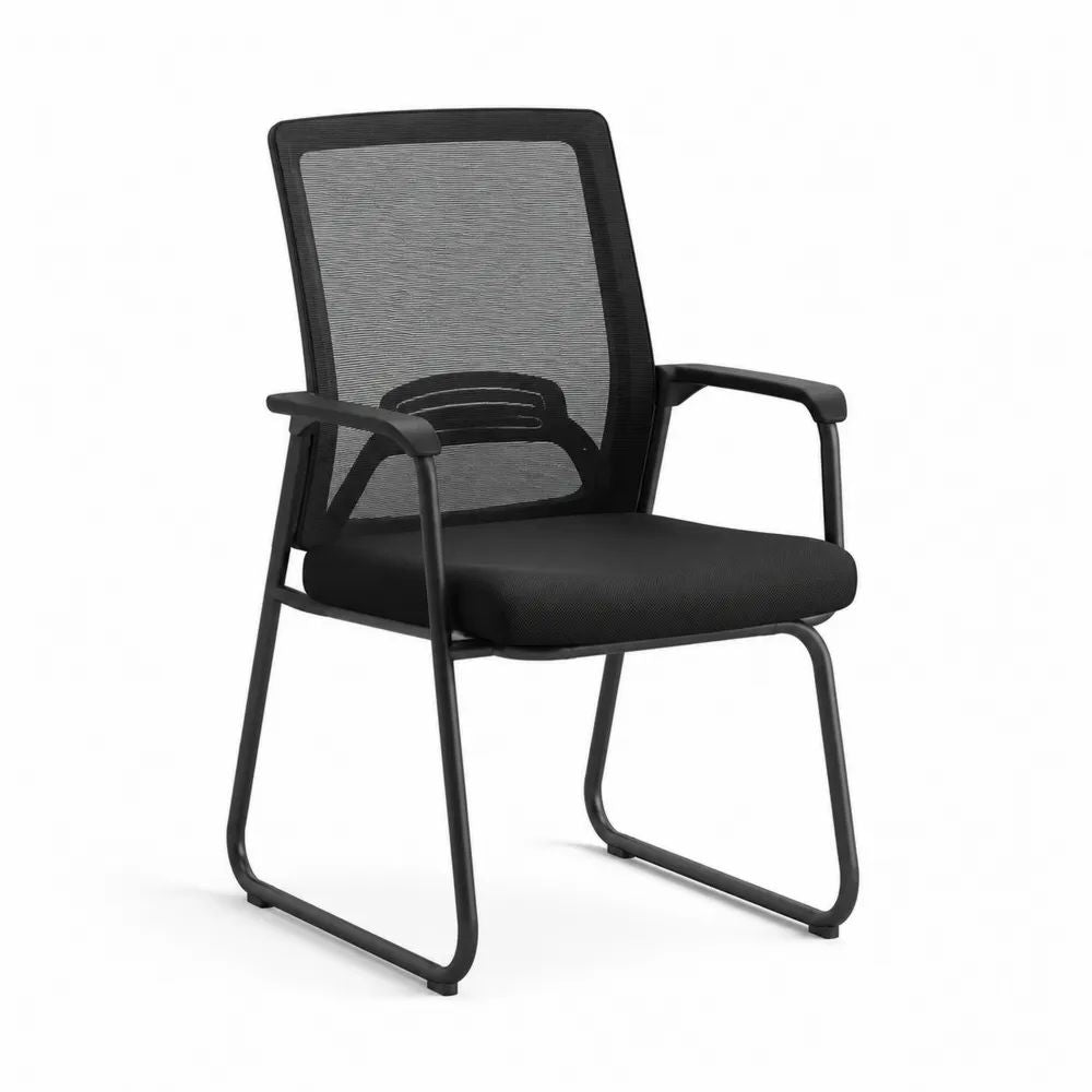 Chaise de conférence noire avec accoudoirs, dossier en maille et cadre en acier, 60 × 58 × 95 cm