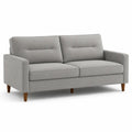 Canapé droit 3 places en polyester gris clair avec pieds en bois marron, 185 × 80 × 85 cm