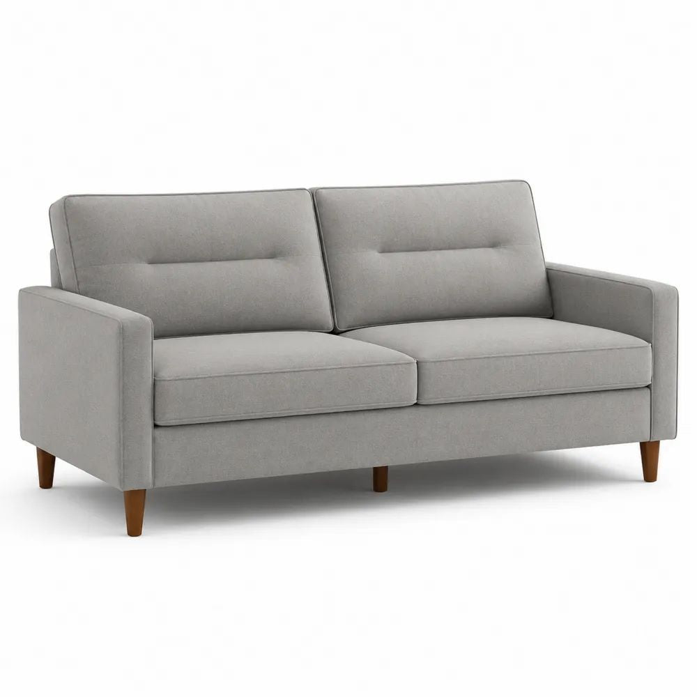 Canapé droit 3 places en polyester gris clair avec pieds en bois marron, 185 × 80 × 85 cm