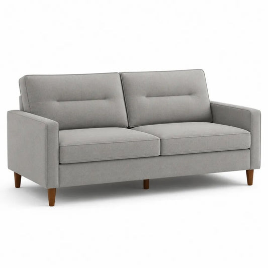 Canapé droit 3 places en polyester gris clair avec pieds en bois marron, 185 × 80 × 85 cm