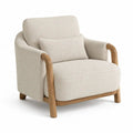 Fauteuil de salon 1 place en tissu beige et bois naturel, forme arrondie, 88 × 88 × 82 cm