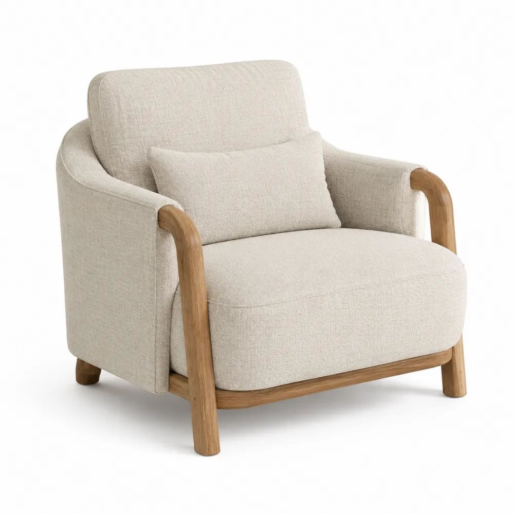 Fauteuil de salon 1 place en tissu beige et bois naturel, forme arrondie, 88 × 88 × 82 cm