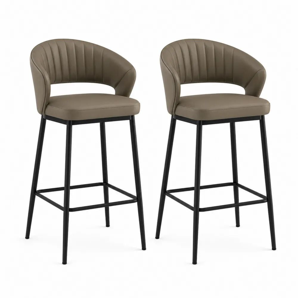 Lot de 2 tabourets de bar en similicuir taupe et métal noir avec dossier incurvé, 52 × 54 × 102 cm